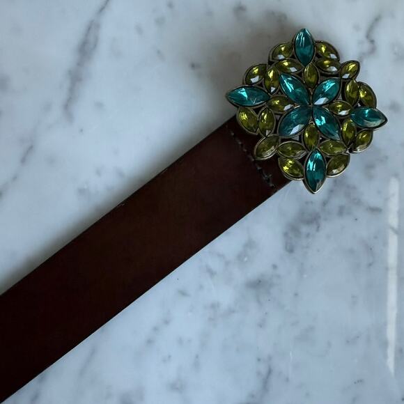 Y2K Brown Leather Belt Floral Rhinestone Buckle Blue Green Western Boho USA Made main image 4